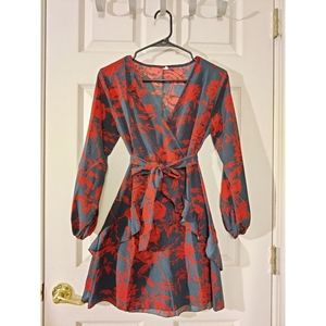 ¾ Sleeve Surplice Floral Teal and Red Dress